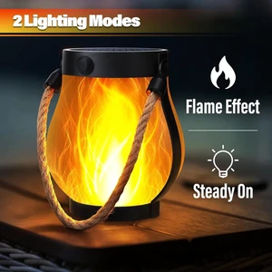 Solar & USB Powered LED Flame Effect Garden Hanging Light IP44 Waterproof Jute Rope Lantern for Courtyard Camping Decoration