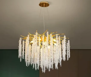 Luxury Living Room Modern Oval Middle Remote Control Gold Adjustable Height Dimmable Tree Branches Pendant Lights Chandeliers