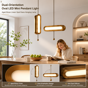 YH Modern Oval LED Pendant Light Aged Brass Linear Opal Glass Mini Hanging Lamp Chandelier Bedroom Nightstand & Bathroom Vanity