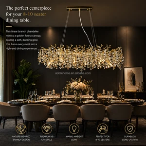 Modern Luxury Rectangular K9 Crystal Branch Chandelier Touch Control G9 LED Gold Tree Leaf Pendant Lamp for Dining Table 3-Year