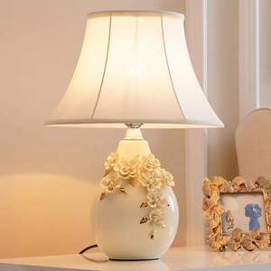 AB Retro Carved Flower Art Ceramic Table Luxury Modern Bedroom Decorate Table Light Cloth Cover Hotel Bedside Reading