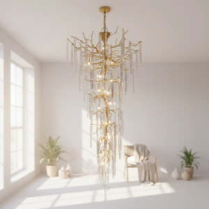 Luxury French Style Villa Duplex Building Brass Branch Large Chandelier Hotel Restaurant Water Droplet Crystal Pendant Lamp