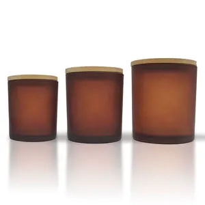 Handmade Frosted Brown Glass Candle Jar With Black Bamboo Wooden Lid Christmas Home Decoration with Elegant Lantern
