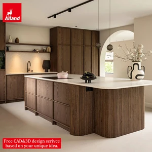 Minimalist Japandi White Oak Plain-sawn Wood Veneer Slab Kitchen Cabinet With Curved Reeded Island And Integrated Wood Skeleton