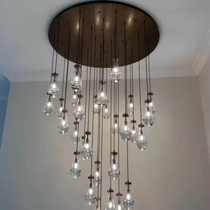 RHOEM Luxury Raindrop Crystal Chandelier for Living Room Staircase High Ceiling Foyer Hand-Blown Glass Long Drop Pendant Light