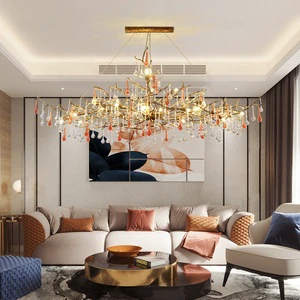 Custom Hotel Lobby Gold Tree Branch Pendant Light Foyer Rain Drop Chandelier Modern Luxury Water Droplet Chandelier Brass Lamps