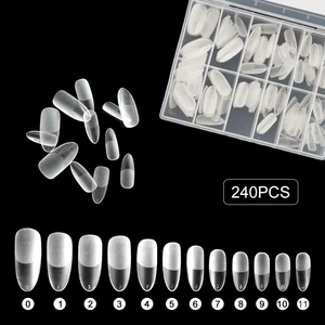 240PCS Semi-Matte PMMA Clear Full Cover Fake Nail Tips Stiletto Almond Shapes 12 Sizes OEM Logo Factory Wholesale