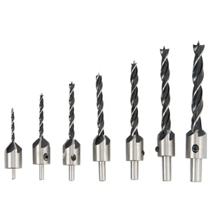 Three Point Woodworking Countersink Drill Set 6.35mm Straight Shank 55mm Length 3 Flute Bright Uncoated High Speed Steel