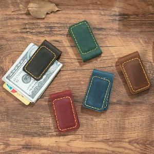 Personalized Vintage Crazy Horse Leather Men Money Clip Custom Slim Portable Cash Clip Strong Magnetic Bifold Money Clip