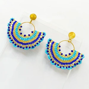 Handmade Ethnic Bohemia Style Gold-Plated Stainless Steel Drop Earrings Fan Shaped Glass Seed Beads Colorful Rice Beads Women's