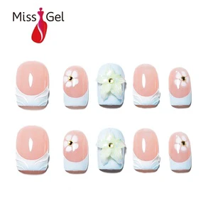 Wholesale Short Square Shape Bridal Nude Press On Nails 3D Flower French Nails 32pcs Soft Gel Reusable False Nails With Glue