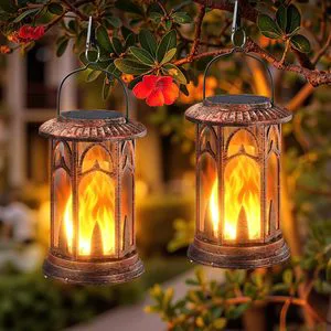 Hanging Solar Powered Lantern Vintage Lamps Outdoor Waterproof Flickering Flame LED Solar Garden Decor Lights for Yard Trees