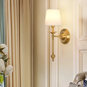 Hotel Bedroom Bedside Hallway Solid Brass Antique Brass Finish Fabric Shade single double light Wall Sconce