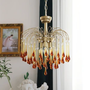 PM Retro Gradient Amber Handmade Crystal Pendant Light Luxury Waterdrop Glass Branch Chandelier Villa Hall Living Room Lamp