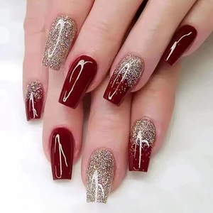 Sparkling Gold Powder Burgundy French Bridal Manicure False Nails Full Cover Plastic Long-lasting Finger Nails for Holiday