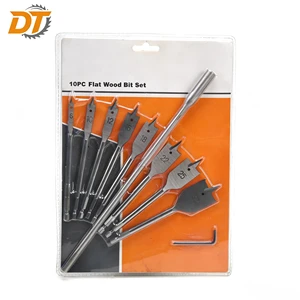 DT High Carbon Steel Spade Drill Bits 10PCs Set Premium 3-Points Wood Hole Drilling with Hex Shank Extension and Wrench