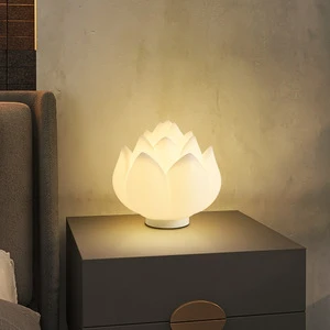 Bedroom Bedside Table Lamp Modern Minimalist Lotus-shaped PE Shade Rechargeable Remote Control Eye-protective Night Light