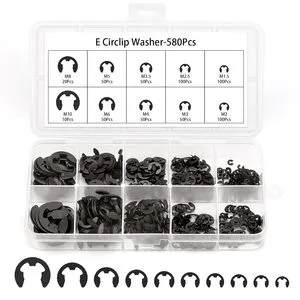 AIZESION 580PCS Black/Stainless Steel 304 Open E-Type Retaining Ring E-Clip Spring Washer M1.5-M10 Standard Series