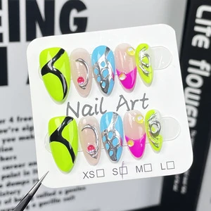 High Quality French Artificial Spicy Girl Style Metal Relief Handcrafted Wearable Nails Almond Nails Almond Press on Nails