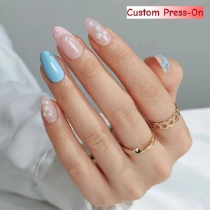 Xianxing Spring Luxury False Fake Nails High Quality Wholesale Short Almond 3D Pink Flower Soft Gel Press On Nails Kit Bulk