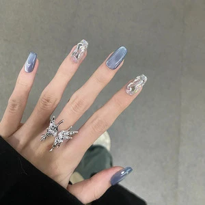 Wearing Armor Manual Customized Flash High-level Sense Haze Blue Square Cat's Eyes Temperament Resin Full Cover Finger Diamonds