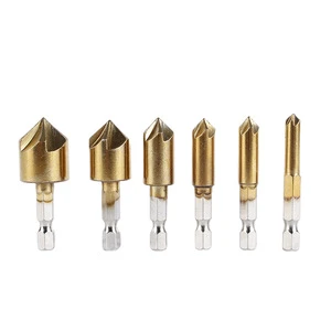 6-Piece Drill Bit Set with Hexagonal Shank Titanium-Plated 5-Blade Drill Bit 90/82 Degree Chamfering Tool