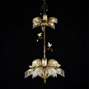 Luxury Brass Bird Baroque Chandelier French Style Palm Leaf Crystal Fringe Multi-Tier for Hotel Lobby
