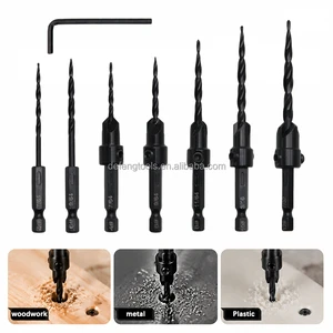 7Pcs HSS Tapered Countersink Drill Bit Set SAE Imperial Sizes with Adjustable Depth Stop 1/4