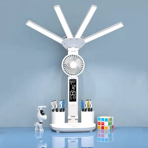 4 Heads Book Study Reading Foldable Led Table Lamp USB Plug in Bedside Touch Switch Fan Clock Date Pen Holders Led Desk Lamp