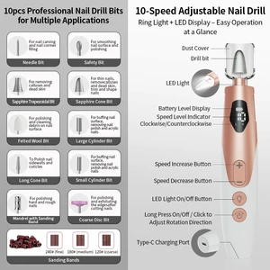 Cordless USB Rechargeable Nail Drill Variable Speed LED Light Pen Shape Forward/Reverse Rotation For Natural Gel Nails Care