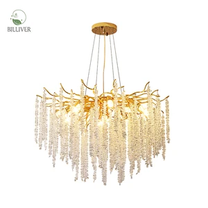 Luxury LED Tassel Chandelier Aluminium Branch Shaped Light Raindrop Decoration Pendant Lamp Crystal Leaf Chandelier Lighting