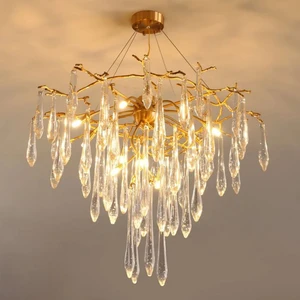 Modern Fancy Golden Branch Teardrop Crystal Chandelier Lamp for Living Dining Room Kitchen