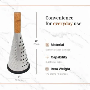 Top Sell Stainless Steel 3 Side Fruit Vegetable Professional Cheese Grater Cone Multifunction Grater with Wood Handle