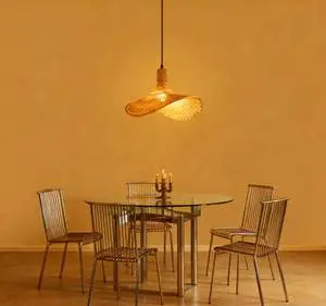 Unique Straw Hat Bamboo Pendant Light Natural Woven Wicker Hanging Lamp for Hotel Cafe Restaurant Boho Chandelier