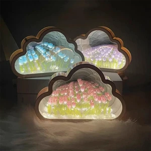 LED DIY Tulip Night Light Cloud Mirror Handmade Simulated Modern Touch Control Battery Powered Table Lamp Desktop Decor for Teen