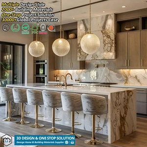 Luxury Modern Oak Kitchen Cabinets With Gold Handles & Marble Waterfall Island Project Kitchen Cabinets