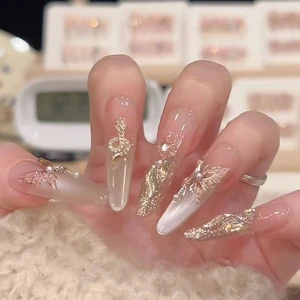 Wear Armor 2025 New Style Super White Celebrity Butterfly Golden Snake Cat's Eye Resin Full Cover Finger Nail Art Light Luxury