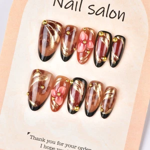 30 Pieces of Autumn/winter Gilded 3D Flower Almond Nail Art, High-end Handmade Rhinestone Leopard Print Nail Tips