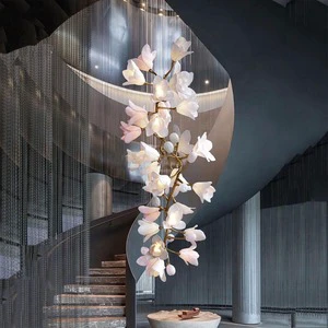 Custom Made Nordic Style LED Dimmable Gold Long Chandelier Stairs Tree Branches Pendant Light Fixture Glass Flowers