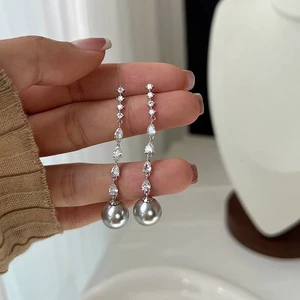 Tiqi French Elegant Long Tassel Imitation Pearl Headscarves Style Iron Electroplated Super Shiny Water Drop Zircon Earrings