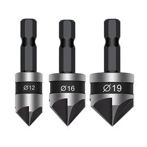 3 PCS 90 Degrees Chamfer Drill Bit Set 12/16/19mm 5-Flute Steel Hex Shank Countersink Drill Bit Tools for Metal Woodworking