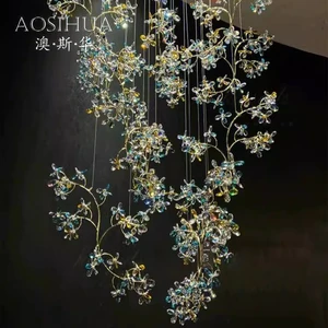 Luxury Contemporary Stair Chandelier Indoor Home Leaves Long Staircase Hotel Lobby Restaurant Villa Tree Branch Custom Crystal