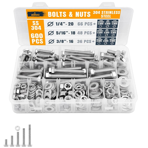 ALBO 600pcs Stainless Steel Hex Head Bolts Nuts Kit 1/4-20 5/16-18 3/8-16 Flat Spring Washers Case Grade 5 DIN Standard