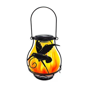 Hanging Solar LED Flame Glass Lantern IP65 Waterproof Battery Powered Landscape Garden Light with Rechargeable Battery