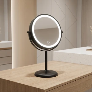 Black LED Lighted Table Mirror Beauty Makeup Mirror Magnifying Double Sided Metal Mirror 3 Color Dimmable LED Lights OEM ODM