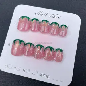 French Stiletto Almond Pure Hand-pressed Nail Art; Hand-painted Strawberry Mixed Color High Quality Acrylic Full Cover Reusable