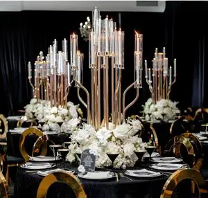 Tall Metal Gold Candle Holder Wedding Table Decorative Crystal Candelabra with Lanterns & Candle Jars Wedding Table Centerpiece