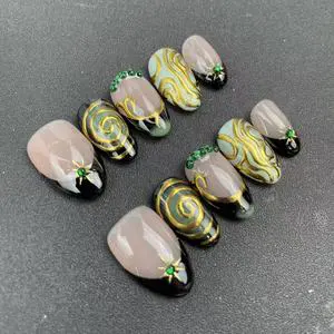 High-quality Handmade Nail Factory Wholesale Summer Hot-selling Almond Shape Black French Green cat Eye Style Reusable