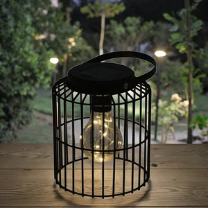 Solar Powered Metal Lantern with Micro LED Wire Cage Outdoor Hanging Light Decorative Lighting for Garden Decor