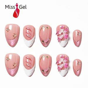 Wholesale Elegant 3D Pink Floral Press On Nails Soft Gel Handmade Luxury Almond False Nails Unghii False Manichiura French